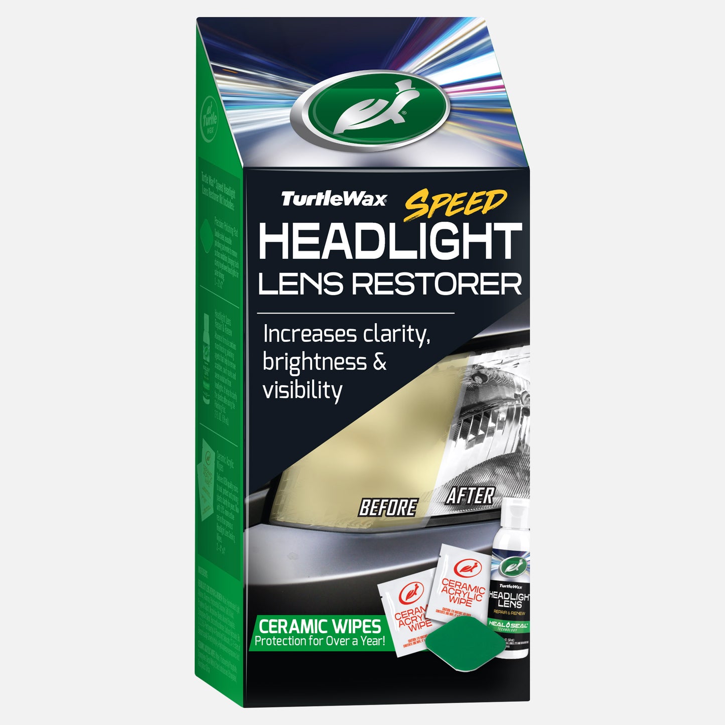 Turtle Wax headlight lens restorer for improved visibility. Restores clarity & brightness. Ceramic wipes give protection. Car care product.