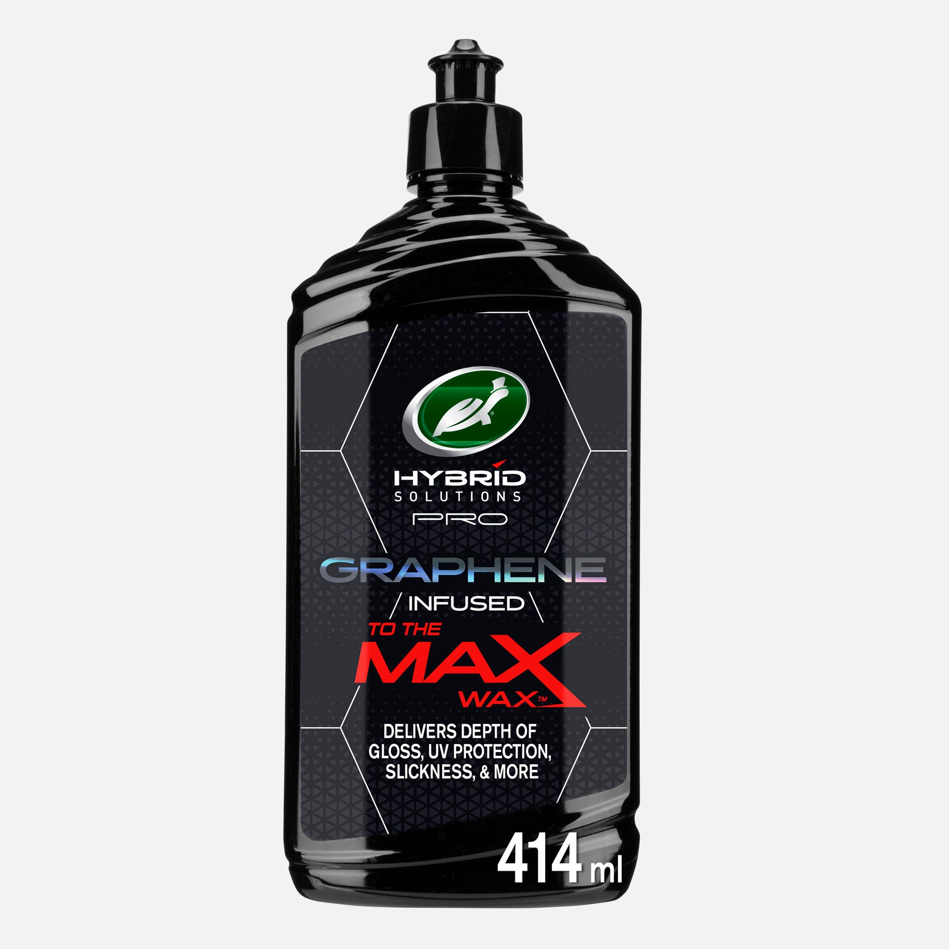 Turtle Wax Hybrid Solutions Pro Graphene Infused To The Max Wax™ bottle. Long-lasting color, gloss, UV protection. Car care product.