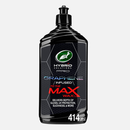 Turtle Wax Hybrid Solutions Pro Graphene Infused To The Max Wax™ bottle. Long-lasting color, gloss, UV protection. Car care product.