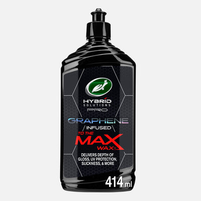 Turtle Wax Hybrid Solutions Pro Graphene Infused To The Max Wax™ bottle. Long-lasting color, gloss, UV protection. Car care product.