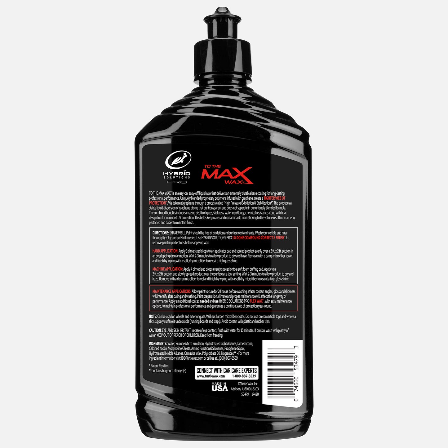 Turtle Wax Hybrid Solutions Pro To The Max Wax boosts gloss, slickness, and water repellency. Graphene infused car care formula. Made in USA.