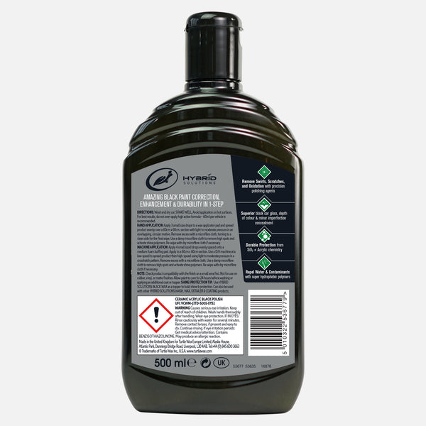 Turtle Wax Hybrid Solutions black car polish, 414ml. Remove scratches, swirls, & oxidation. Acrylic formula for black car paint. Made in USA.