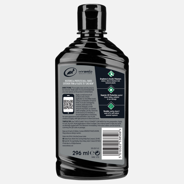 Turtle Wax Hybrid Solutions trim restorer. Graphene acrylic formula for car exteriors, 296ml. US made, available in India.