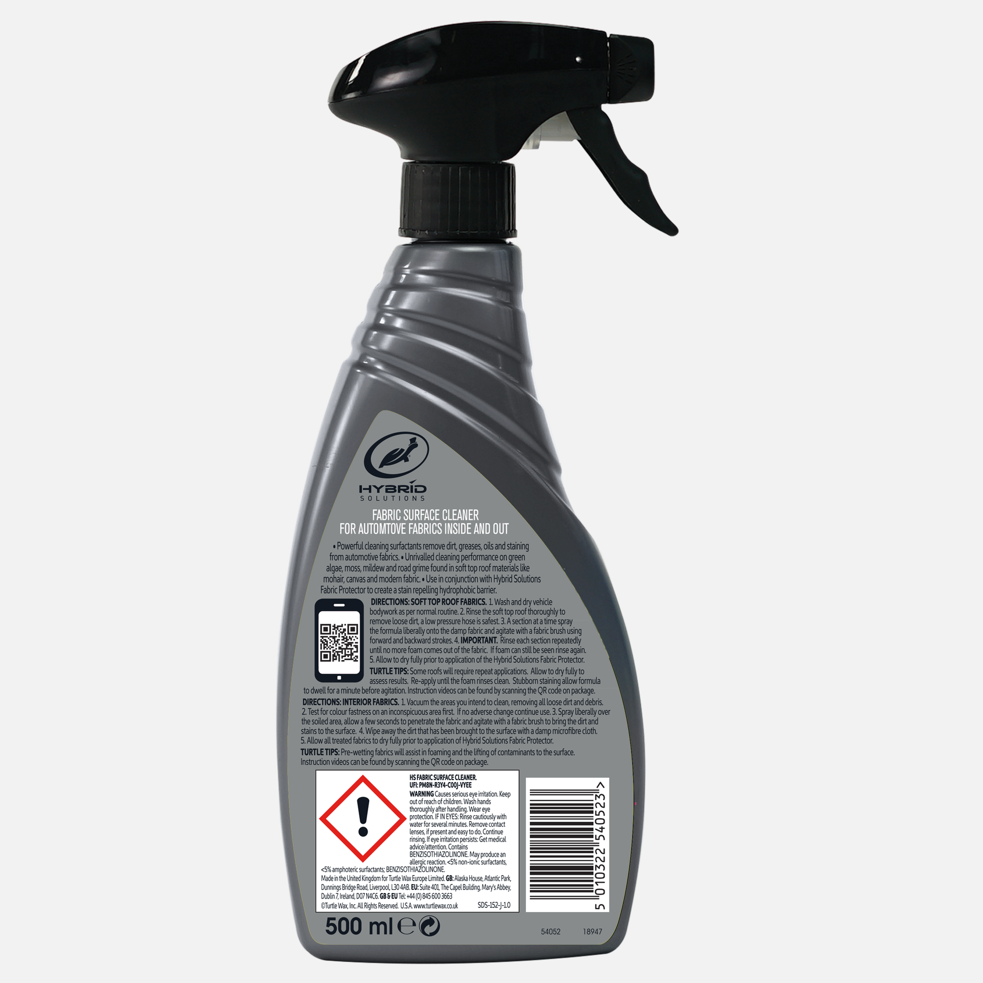 Turtle Wax Hybrid Solutions Fabric Cleaner. Removes dirt, grease from car upholstery and soft tops. 500ml spray bottle for auto cleaning in India.