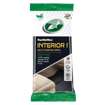 Turtle Wax Interior 1 wipes for car cleaning, plastic-free. Effective on fabrics, carpets, vinyl. Car care product in India.