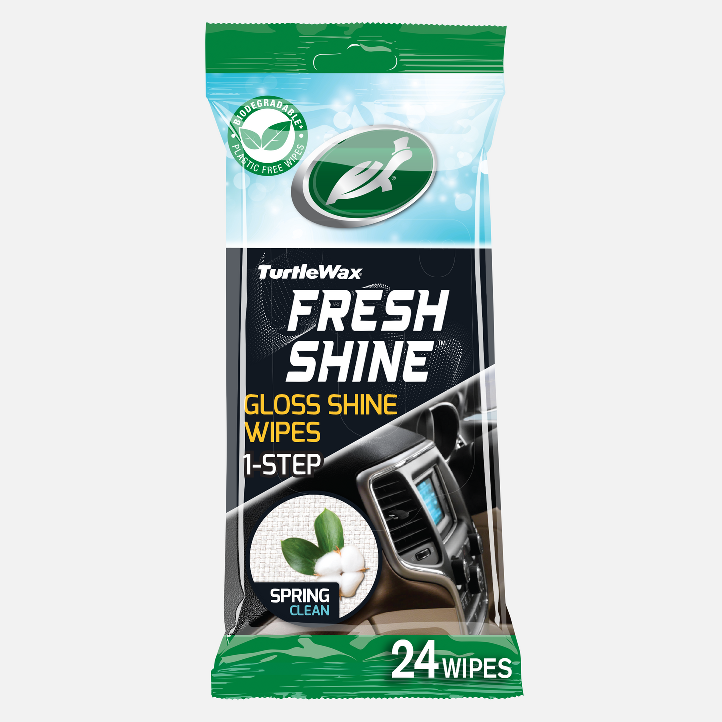 Turtle Wax Fresh Shine wipes for car interior plastic cleaning. 24 wipes. Plastic-free option.
