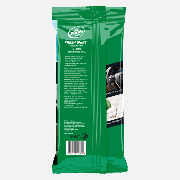 Turtle Wax Fresh Shine wipes for car interiors. Easy to use on dashboards, door panels, and hard surfaces for a sparkling, dust-free finish.