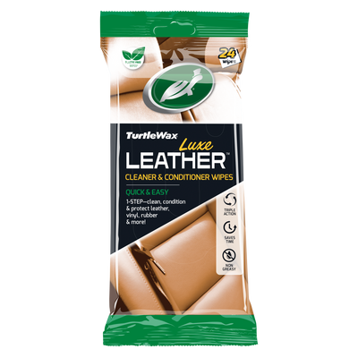 Turtle Wax Luxe Leather wipes clean, condition & protect. Non-greasy formula for auto interiors. Plastic free wipes, saves time. Available in India.