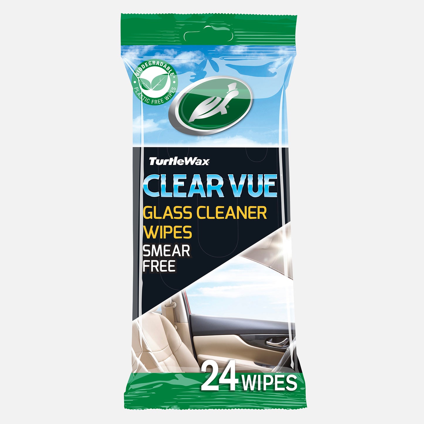 Turtle Wax CLEAR VUE Glass Cleaner Wipes for streak-free car window cleaning. Quick & easy to use with 24 wipes. Plastic-free.