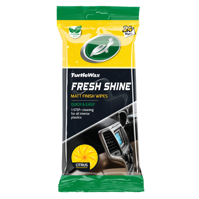 Turtle Wax Fresh Shine matt wipes pack, 24 count. Ideal for quick & easy 1-step cleaning of plastic car interiors with citrus scent.