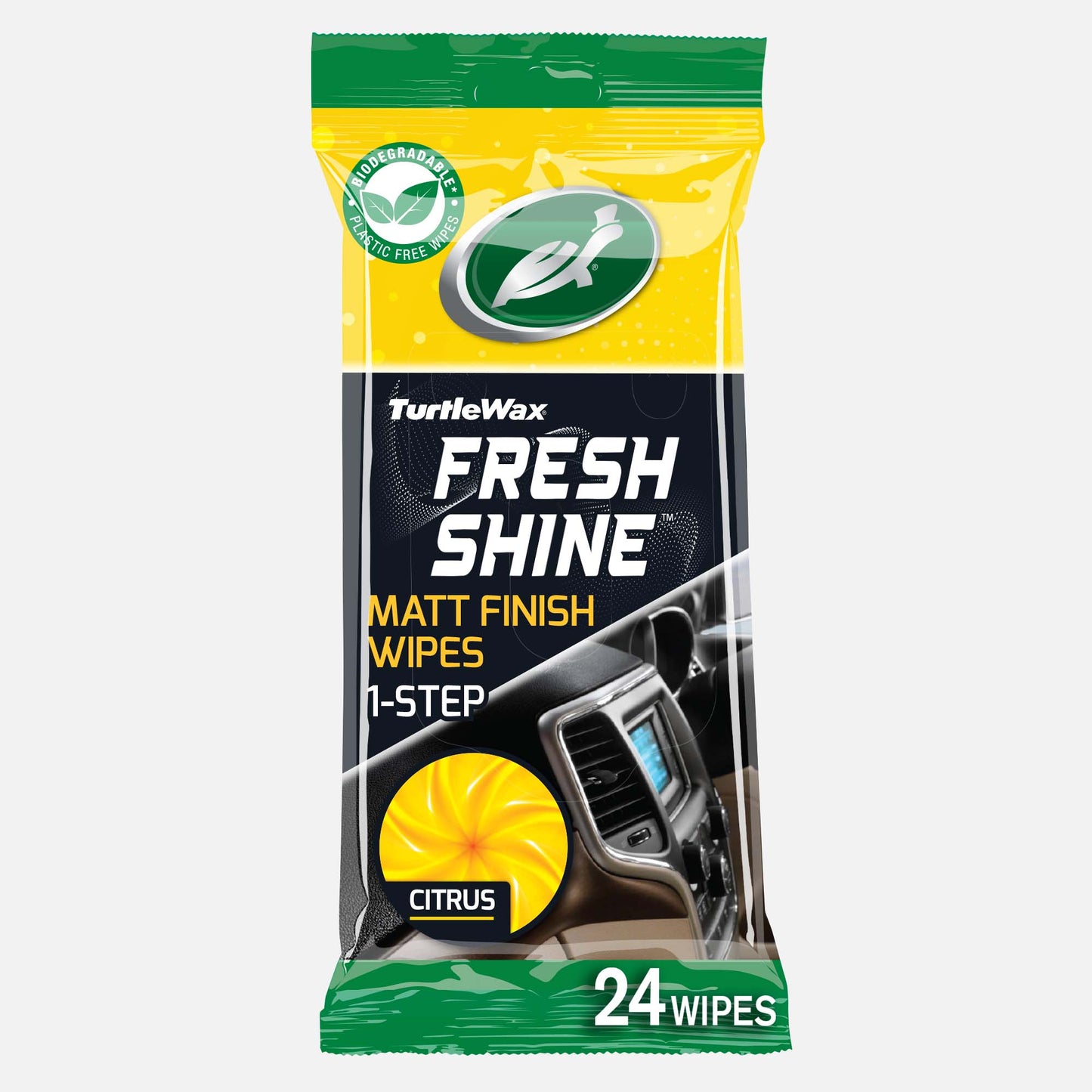 Turtle Wax Fresh Shine matt wipes pack, 24 count. Ideal for quick & easy 1-step cleaning of plastic car interiors with citrus scent.