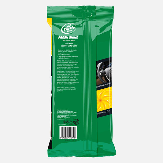 Turtle Wax Fresh Shine wipes for car interior plastics. All-in-one solution with a citrus scent. Made in UK. #carcare #turtlewaxindia
