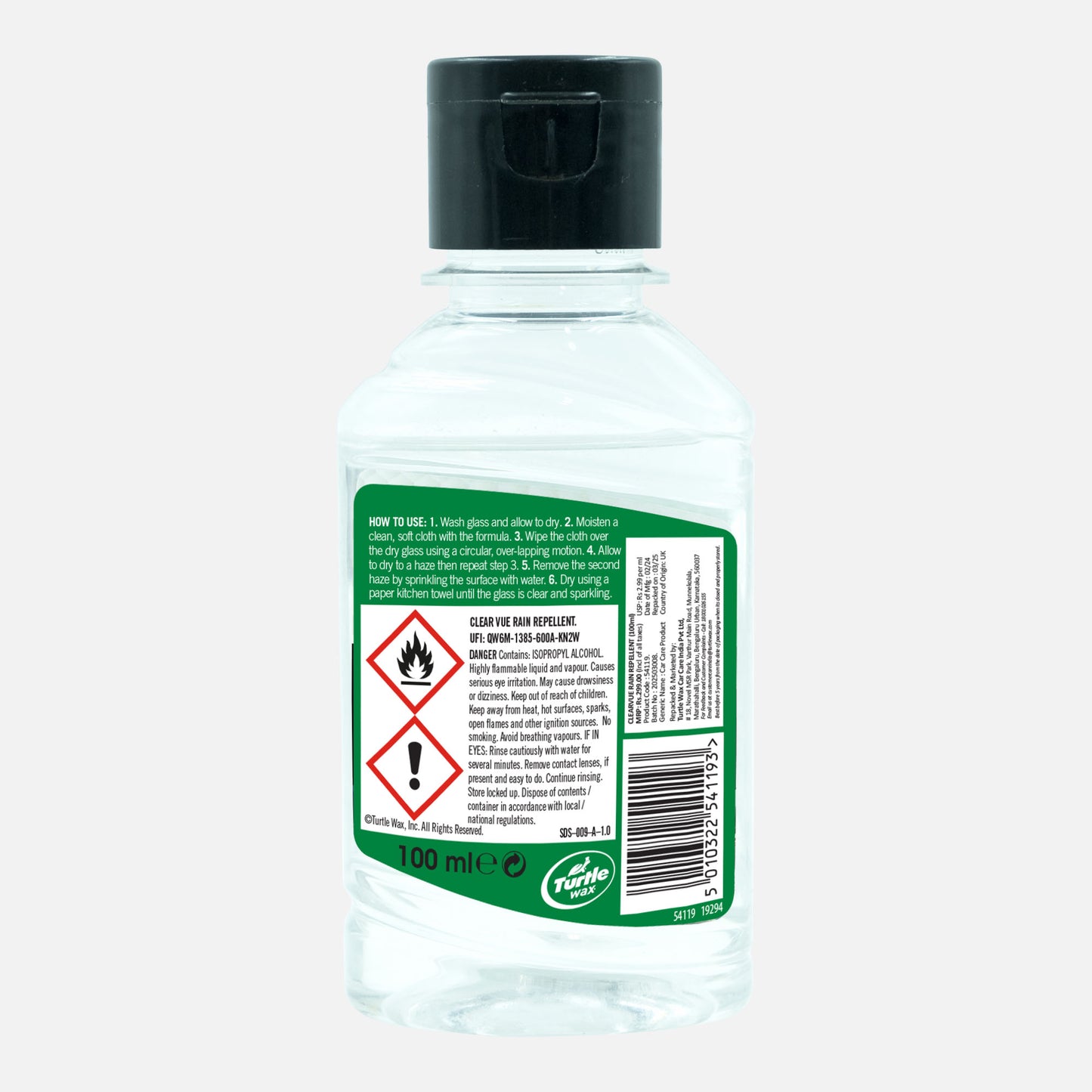 Turtle Wax rain repellent 100ml bottle. Car glass treatment for visibility during rains. Easy to apply auto detailing product in India.
