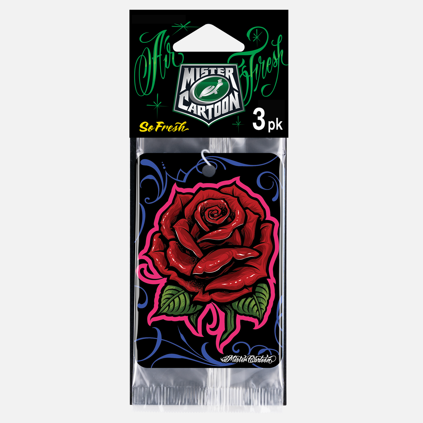"So Fresh" fragrance card with red rose, leaves, & decorative swirls on black. Car accessory.
