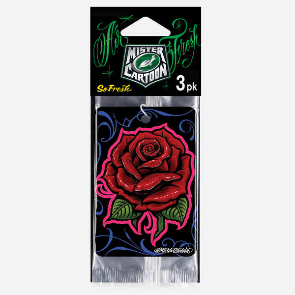 "So Fresh" fragrance card with red rose, leaves, & decorative swirls on black. Car accessory.