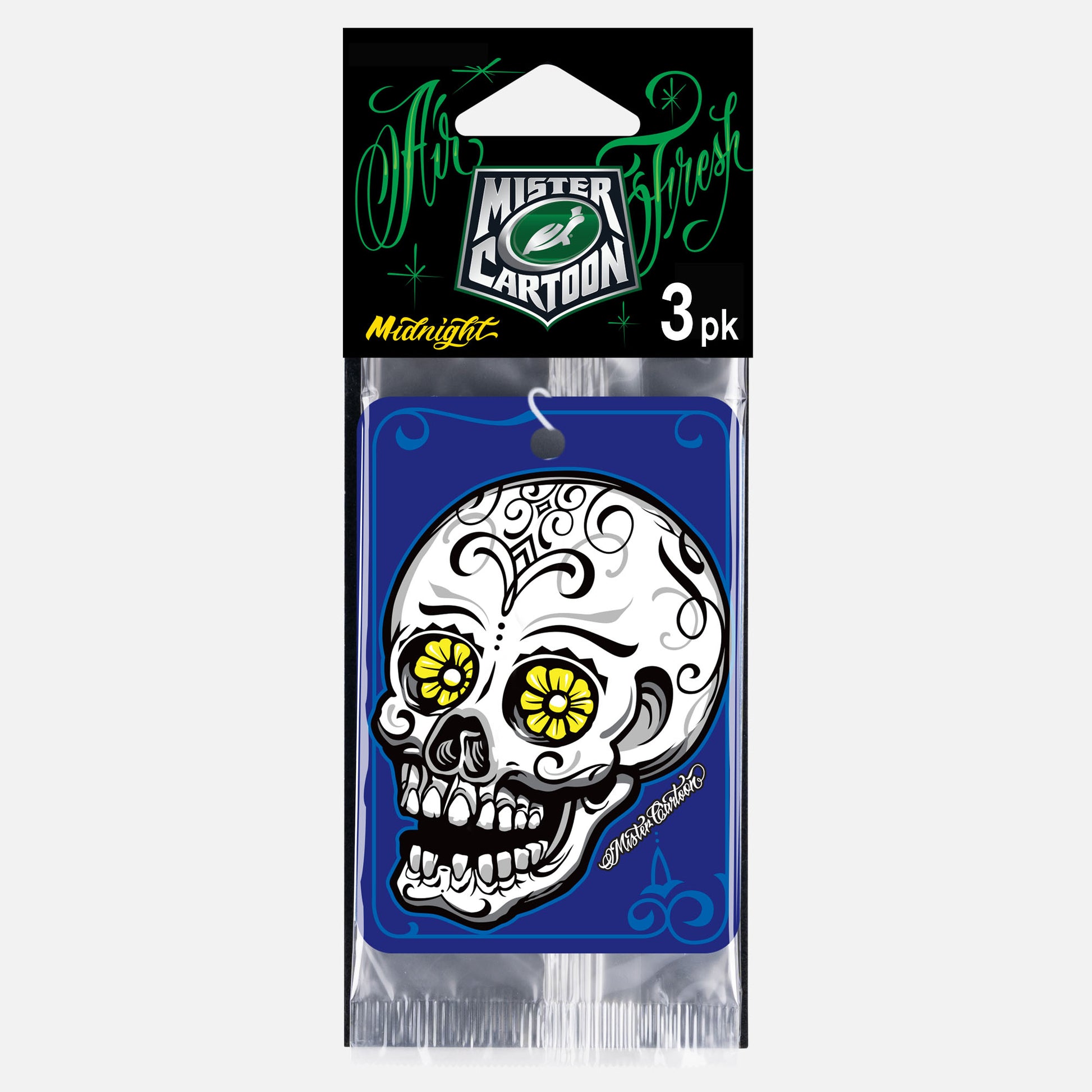 "Midnight" scented car air freshener featuring a decorated sugar skull design. Auto care essential.
