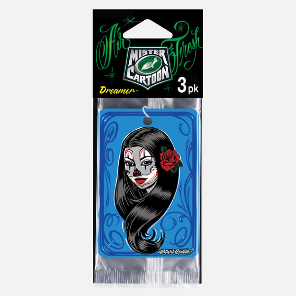 Blue air freshener featuring a woman's face with clown makeup and a rose. India themed.
