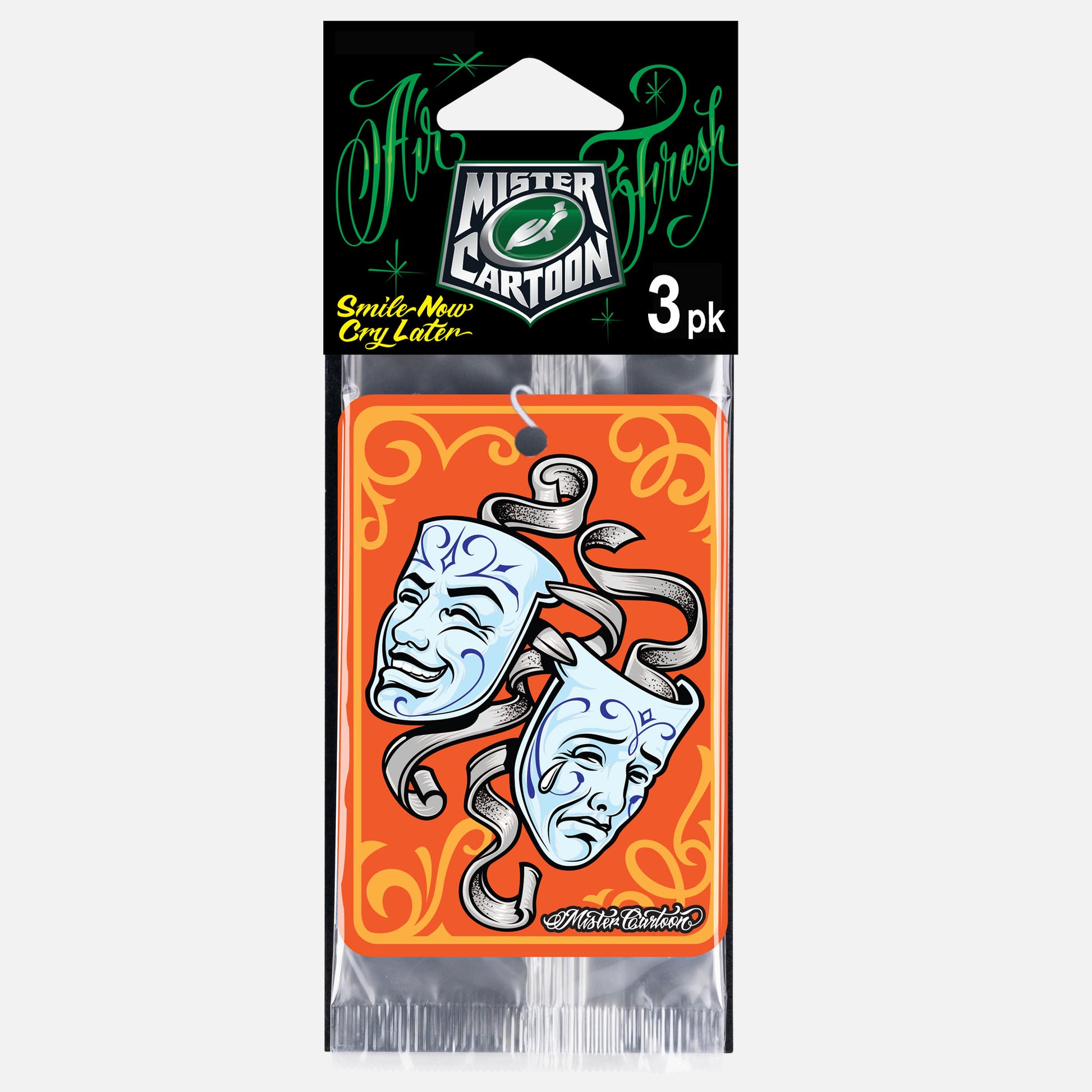 Mister Cartoon paper car freshener, 3-pack. Depicts orange background with dramatic smile and cry theater masks graphic.