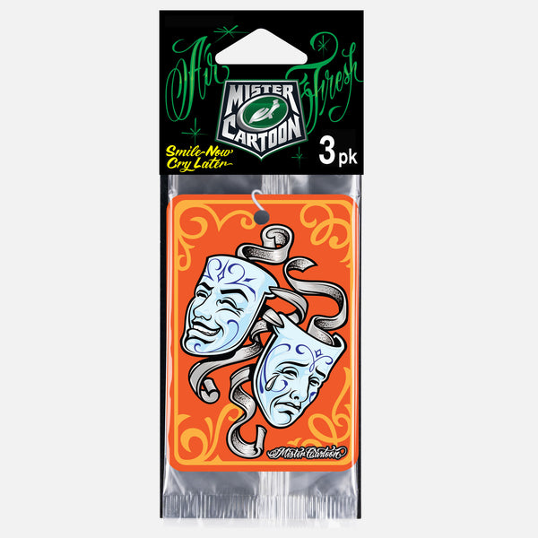 Mister Cartoon paper car freshener, 3-pack. Depicts orange background with dramatic smile and cry theater masks graphic.