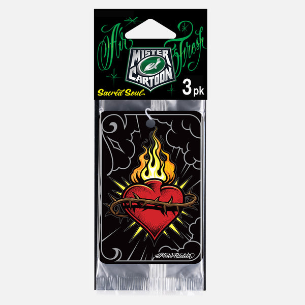 Sacred heart air freshener. Red heart with thorns and flames. Mister Cartoon design. Indian car accessory.