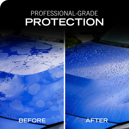Before and after comparison of a blue car hood showing water droplet protection, with the text 'PROFESSIONAL-GRADE PROTECTION' at the top and 'BEFORE' and 'AFTER' labels.