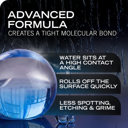 Promotional graphic for a water-repellent coating or treatment, featuring a large blue water droplet on a dark reflective surface with text reading 'ADVANCED FORMULA' and three benefit callouts about high contact angle, quick rolling off of water, and reduced spotting/etching.