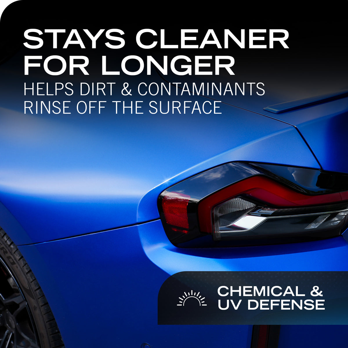 Close-up of the rear side of a blue car with large promotional text reading 'STAYS CLEANER FOR LONGER' and 'CHEMICAL & UV DEFENSE,' plus a small sun icon.