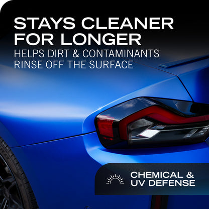 Close-up of the rear side of a blue car with large promotional text reading 'STAYS CLEANER FOR LONGER' and 'CHEMICAL & UV DEFENSE,' plus a small sun icon.
