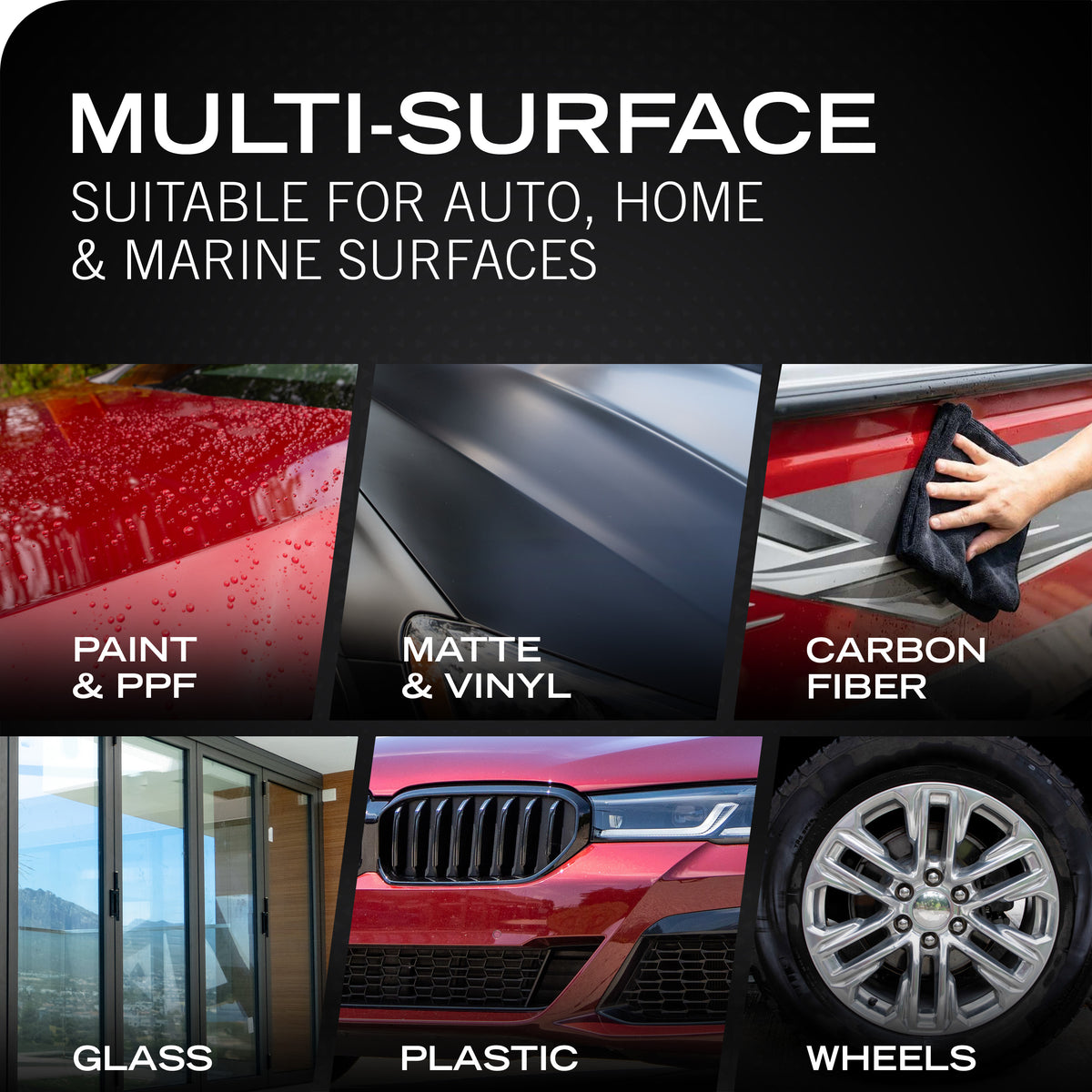 Promotional graphic for a multi-surface cleaning cloth, showing text reading 'MULTI-SURFACE' and 'SUITABLE FOR AUTO, HOME & MARINE SURFACES,' with five example panels: paint and PPF on red car paint, matte and vinyl on a dark car panel, carbon fiber on a red car door, glass, a red car front grille, and car wheels.