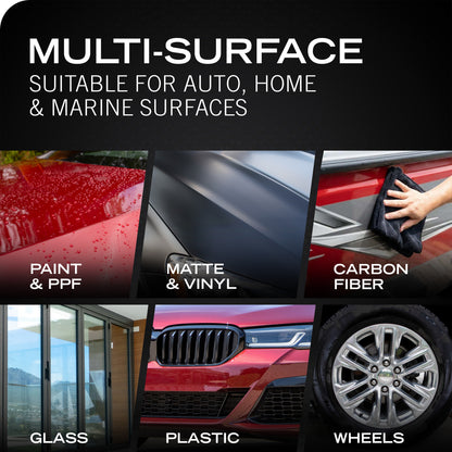 Promotional graphic for a multi-surface cleaning cloth, showing text reading 'MULTI-SURFACE' and 'SUITABLE FOR AUTO, HOME & MARINE SURFACES,' with five example panels: paint and PPF on red car paint, matte and vinyl on a dark car panel, carbon fiber on a red car door, glass, a red car front grille, and car wheels.