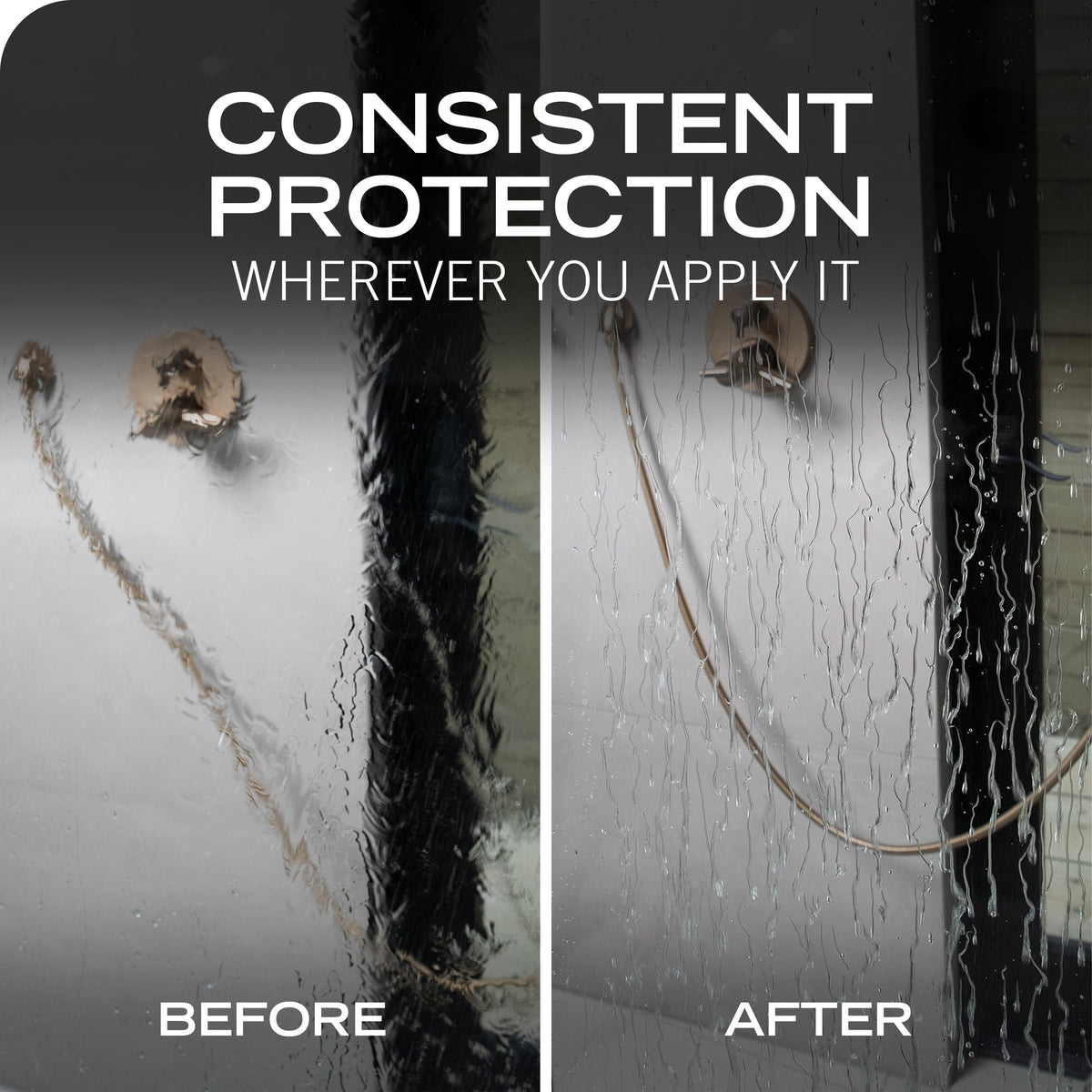Before-and-after split comparison showing a glass surface with water droplets and a hanging rope, with large text reading 'CONSISTENT PROTECTION WHEREVER YOU APPLY IT' and smaller labels 'BEFORE' and 'AFTER'.