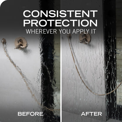 Before-and-after split comparison showing a glass surface with water droplets and a hanging rope, with large text reading 'CONSISTENT PROTECTION WHEREVER YOU APPLY IT' and smaller labels 'BEFORE' and 'AFTER'.