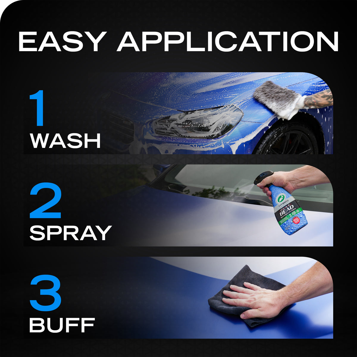 Three-panel instructional graphic showing how to apply a car cleaning product: wash the car, spray the surface, and buff with a cloth. Large text reads 'EASY APPLICATION' with numbered steps 1, 2, and 3.