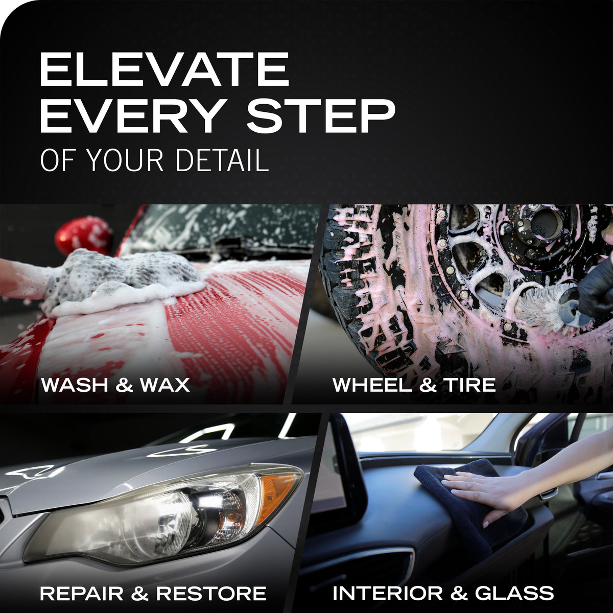 Promotional graphic for a car detailing service with the text 'ELEVATE EVERY STEP OF YOUR DETAIL' on a black background. Below, four panels show close-up detail work: wash and wax on a red car, wheel and tire cleaning, headlight repair and restoration, and interior and glass cleaning with a hand visible.
