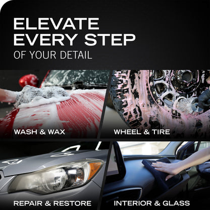 Promotional graphic for a car detailing service with the text 'ELEVATE EVERY STEP OF YOUR DETAIL' on a black background. Below, four panels show close-up detail work: wash and wax on a red car, wheel and tire cleaning, headlight repair and restoration, and interior and glass cleaning with a hand visible.