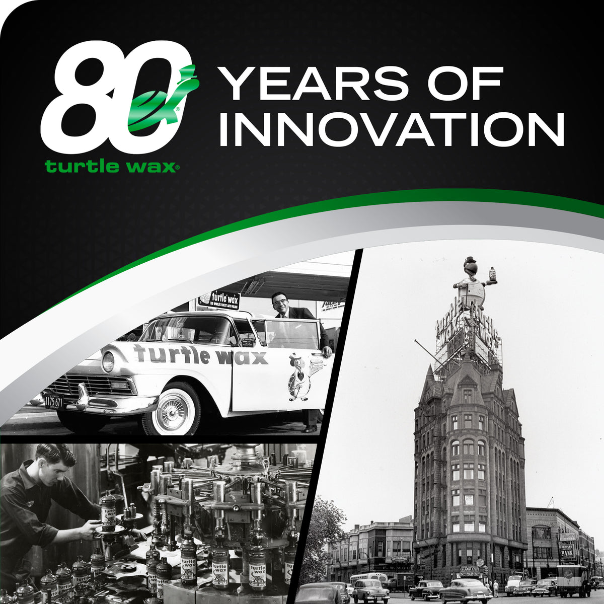 Promotional graphic for Turtle Wax celebrating 80 years of innovation, with a black background, white and green text, and three collage panels showing a vintage Turtle Wax car, a man working at a counter, and a tall city building.