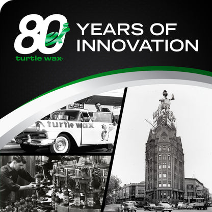 Promotional graphic for Turtle Wax celebrating 80 years of innovation, with a black background, white and green text, and three collage panels showing a vintage Turtle Wax car, a man working at a counter, and a tall city building.