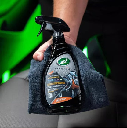 Turtle Wax ceramic graphene inside job spray for car detailing, held with a grey cloth. Car care product. भारत में कार की सफाई.
