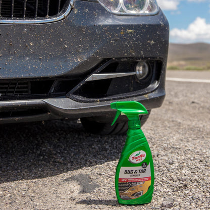 Dirty car bumper with bug splatters. Turtle Wax Bug & Tar Remover bottle. Car cleaning product for Indian roads, 473ml.