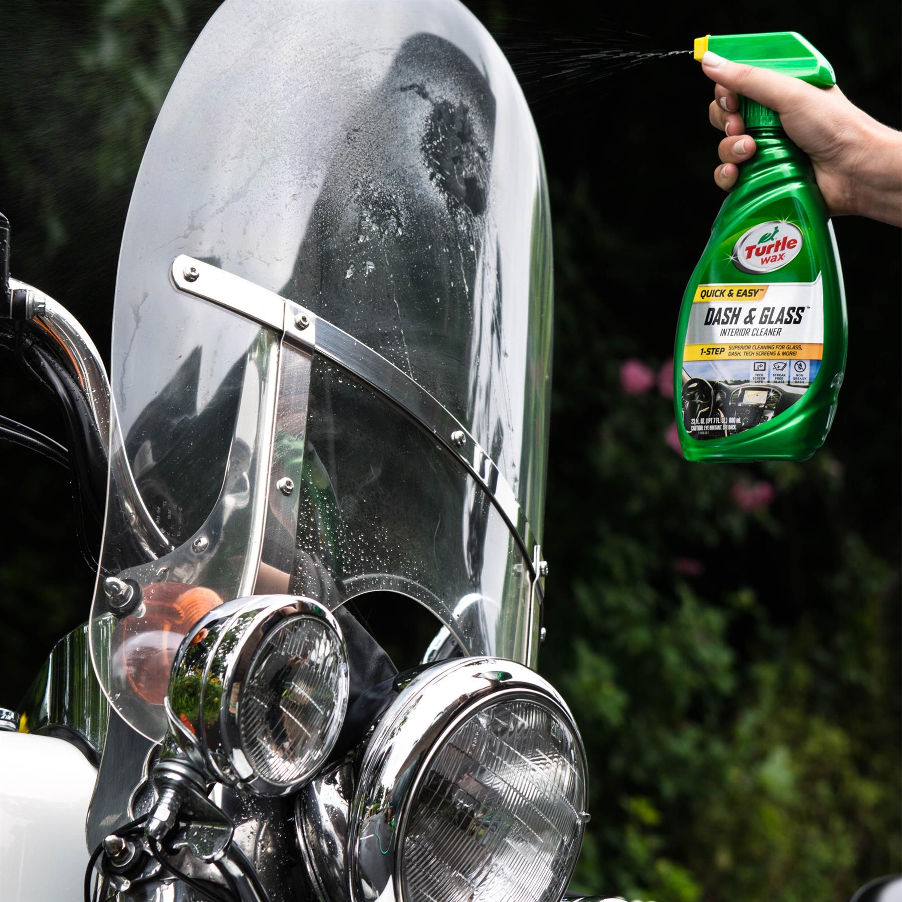 Turtle Wax: Bike windshield getting a spray. Interior cleaner being used. Detailing for your vehicle.