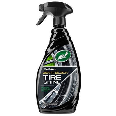 Turtle Wax Wet'n Black bottle with spray nozzle. Shining tires and the running turtle logo visible. Car care product.
