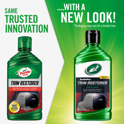 Turtle Wax Trim Restorer, now with new packaging! Revive faded car plastic quickly. Results guaranteed. Available in 296ml for long-lasting shine.