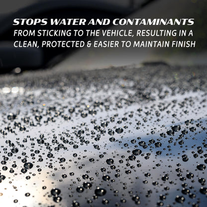 Water beads on a dark surface, showing vehicle protection. Turtle Wax tech for cars in India.