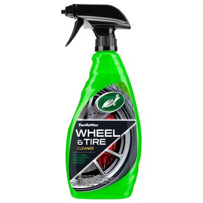 Turtle Wax Wheel & Tire Cleaner, 680ml. Green bottle with spray nozzle. Removes road grime & brake dust. Car cleaning products India.