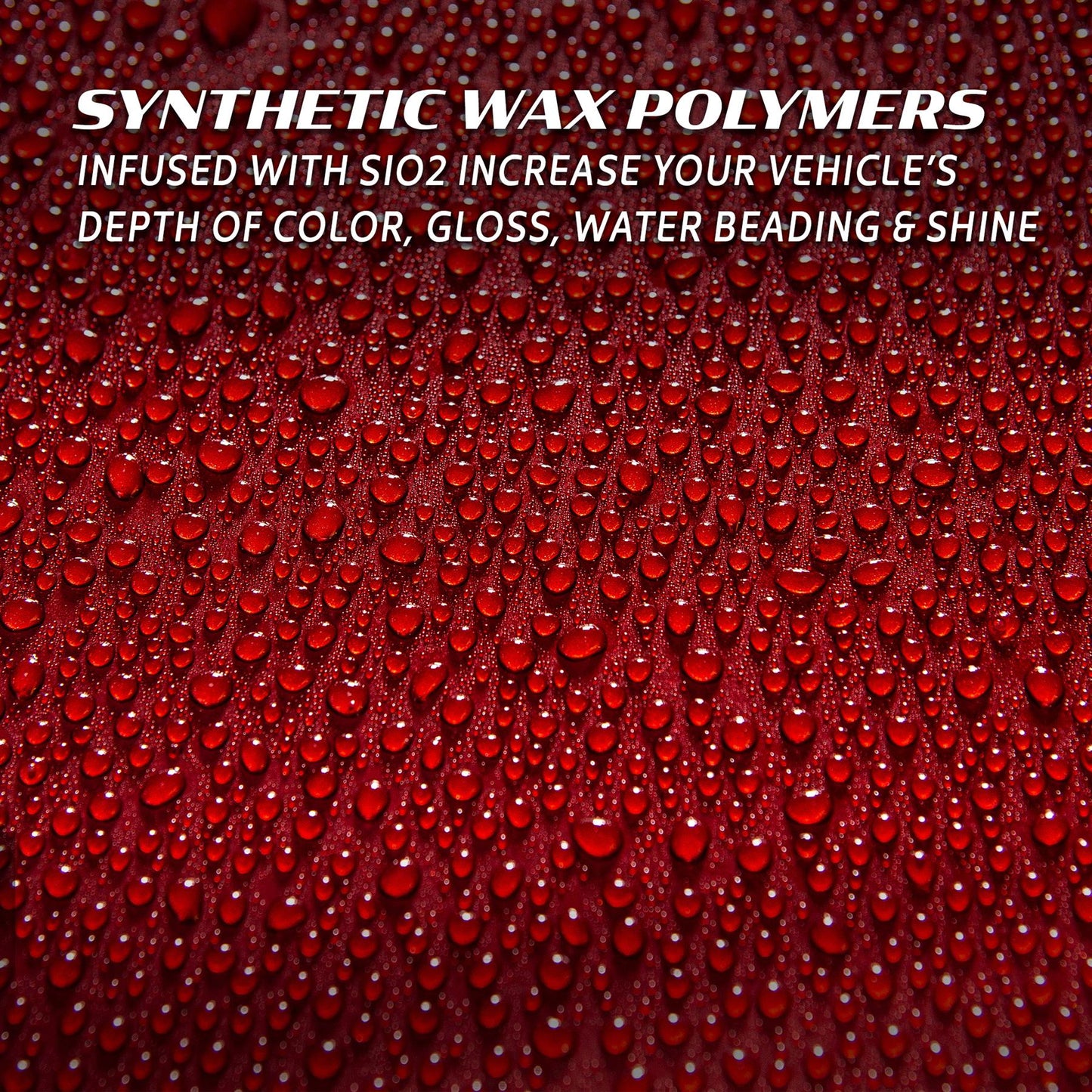 Red vehicle surface with water beading. SiO2 infused wax polymers enhance depth, gloss, water repellency & shine. Perfect car care for India.