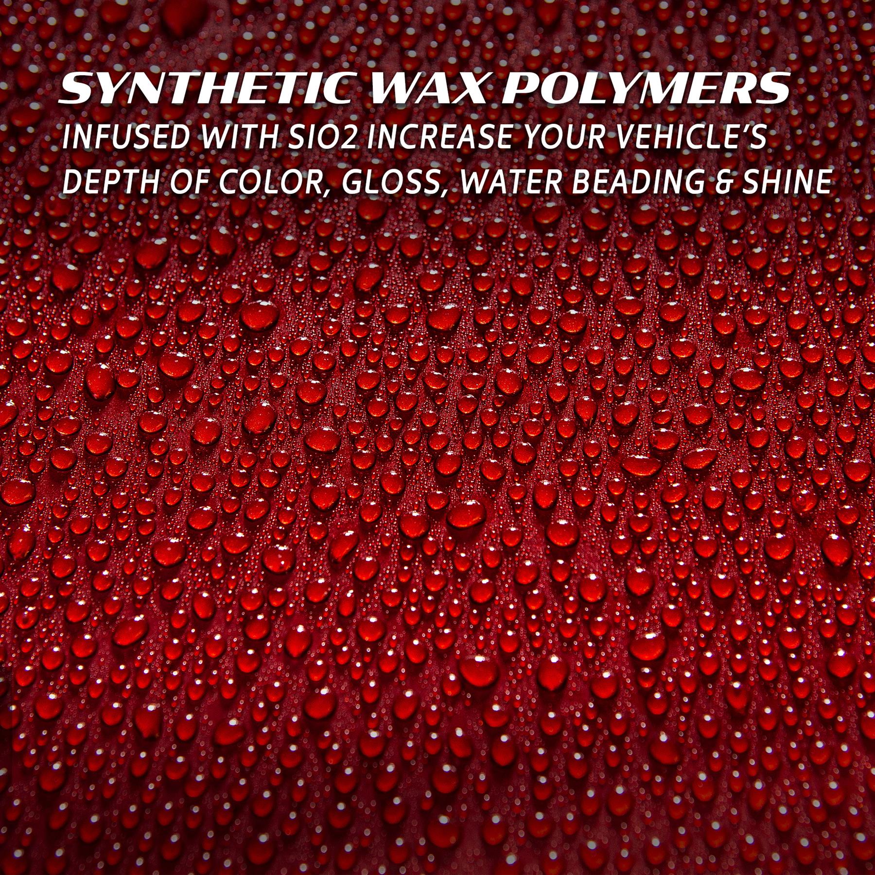 Red vehicle surface with water beading. SiO2 infused wax polymers enhance depth, gloss, water repellency & shine. Perfect car care for India.