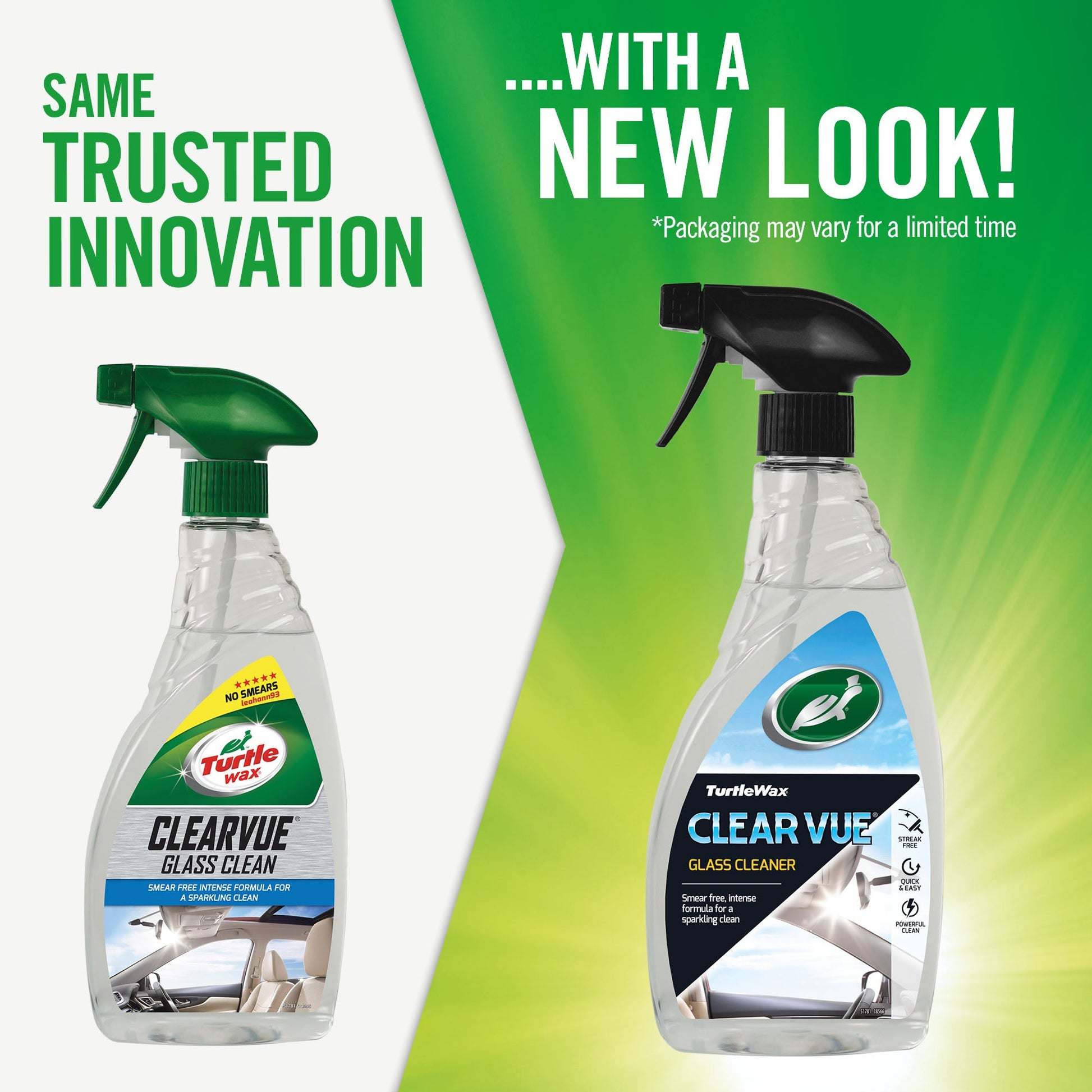 Turtle Wax ClearVue glass cleaner for cars, 300ml. Now with a new look. Smear-free for intense, sparkling clean. Available in India.