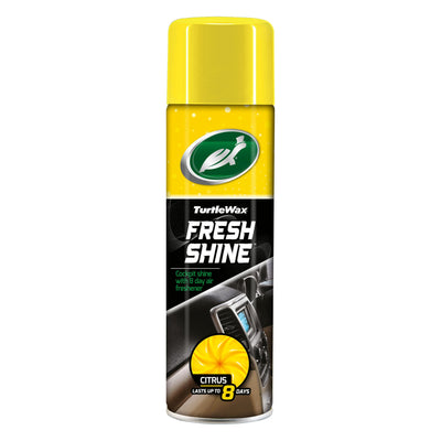 Turtle Wax Fresh Shine, citrus fragrance. Car cockpit shine with 8-day air freshener. For Indian car interiors.