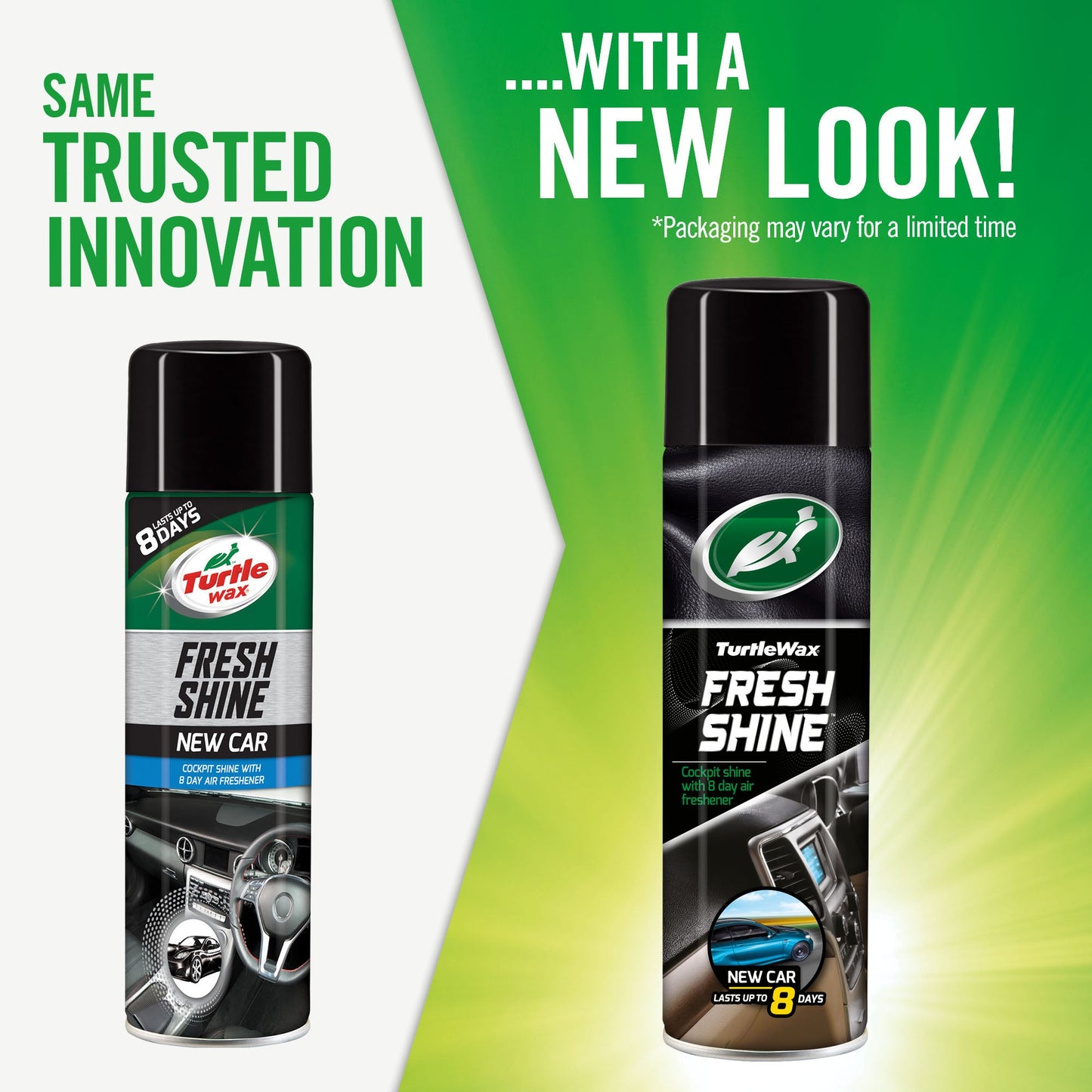 Turtle Wax Fresh Shine New Car scent. Cockpit shine with 8-day air freshener. Car detailing product for interior. Available in India.