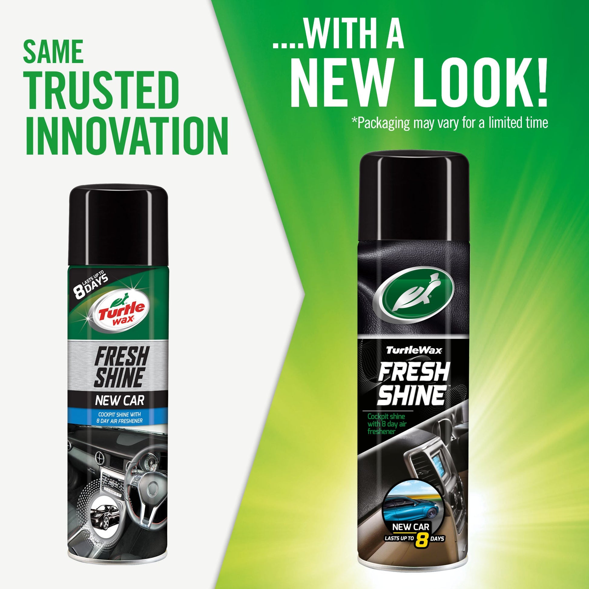 Turtle Wax Fresh Shine New Car scent. Cockpit shine with 8-day air freshener. Car detailing product for interior. Available in India.